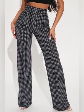 Fashion Nova High-Waist Houndstooth Wide-Leg Pants - Black/Gray Dress pants